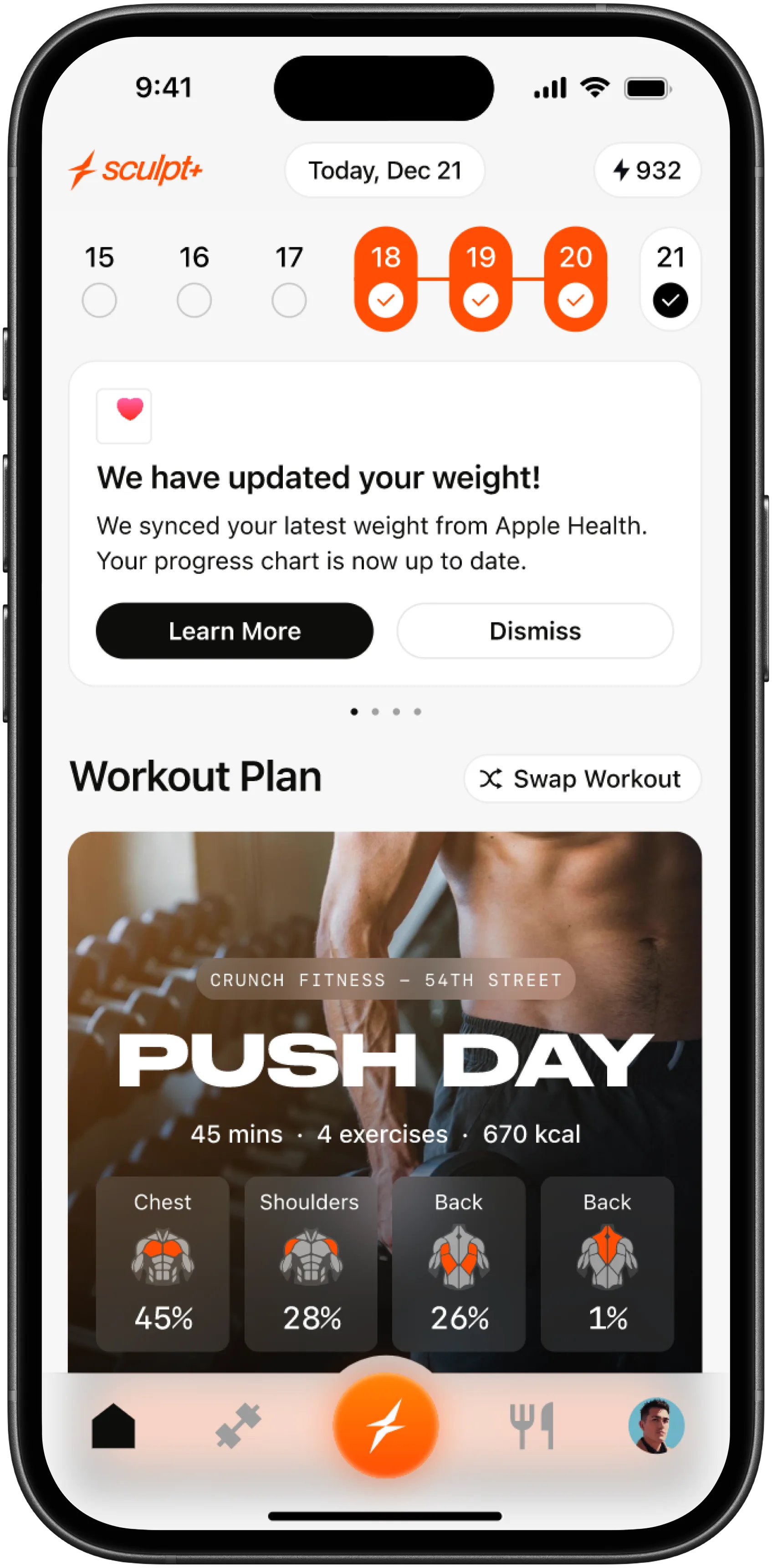 Sculpt app home screen showing a personalized Push Day workout plan